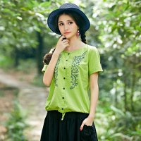绣花短袖棉麻衬衫女 2016新款开衫衬衣打底衫文艺女装