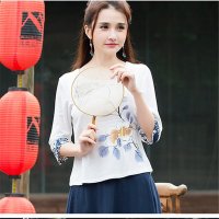 2016女装新款手绘印花青花撞色拼接棉麻七分袖T恤衬衫