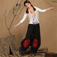 2016民族风新款春秋款女装亚麻绣花凤凰长裤灯笼裤