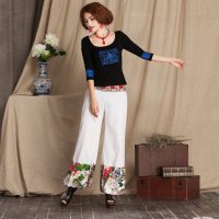 2016新款民族风夏款女装亚麻拼色长裤灯笼裤