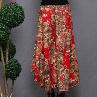 2016民族风夏款女装麻料印花玫瑰长裤花边束腰大脚裤