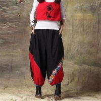 2016民族风棉麻拼色绣花长裤刺绣灯笼裤大码女裤
