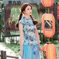 雅内特女装民国风印花棉麻亚麻短袖立领手复古工扣唐装上衣