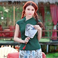 雅内特女装民国风棉麻亚麻短袖立领手复古工扣唐装上衣打底衫