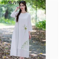 雅内特2016文艺范森女系民族风素麻印花长袖连衣裙