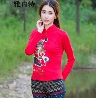 雅内特2016新款民族风重工刺绣小立领长袖T恤