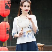 雅内特2016女装新款手绘印花青花撞色拼接棉麻七分袖T恤衬衫