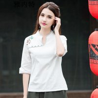 雅内特2016女装民族风文艺范素麻手绘印花盘扣七分袖衬衣T恤
