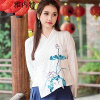 雅内特2016女装新款民族风文艺范素麻手绘印花七分袖衬衣T恤