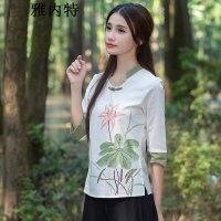 雅内特女装2016文艺范素麻印花七分袖T恤衬衣