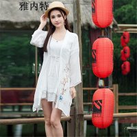 雅内特2016女装春夏新款手绘印花棉麻长袖开衫外披