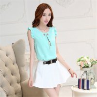 2016女装飞飞袖时尚雪纺上衣配短裙2件套连衣裙