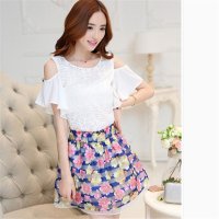 2016女装时尚露肩蕾丝上衣搭配清新印花短裙2件套连衣裙