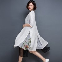 2016女装七分袖棉麻印花风衣女修身显瘦外套