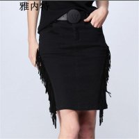 雅内特2016新款修身包臀流梳弹力黑牛仔半身裙