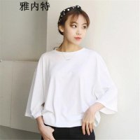 雅内特宽松开叉透气竹节棉中长款7分袖T恤女GA0123#808