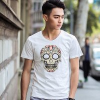 雅内特男装新骷髅头印花修身男士短袖T恤