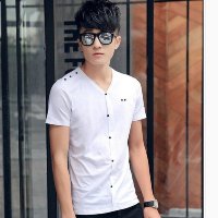 雅内特夏款工艺纽扣装饰V领男装薄款竹节棉短袖T恤