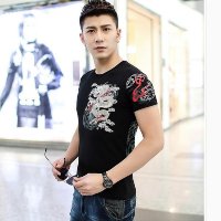 雅内特2016男装中国风印花烫钻龙图案短袖圆领T恤