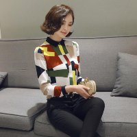 雅内特2016春装新款修身POLO领长袖撞色雪纺衬衫女