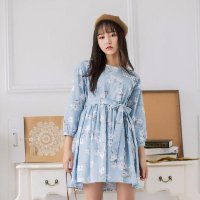 雅内特夏女装棉麻高腰娃娃连衣裙送腰带