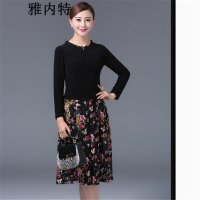 雅内特雅内特春秋装新款长袖气质中老年妈妈装装印花连衣裙