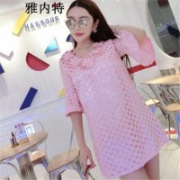 雅内特雅内特2016女装气质立体花朵网眼镂空喇叭袖显瘦连衣裙
