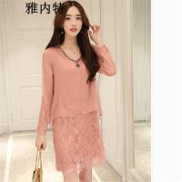 雅内特雅内特2016新款甜美V领钉珠蕾丝摆雪纺长衫裙NB0142#8817