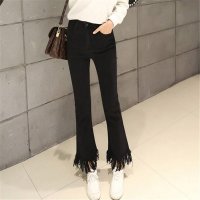 卜柘2016不规则毛边九分牛仔喇叭裤流苏高腰9分D21036#168