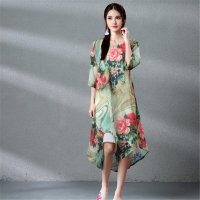 雅内特新款森女装宽松中国风古典印花连衣裙