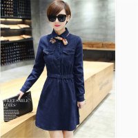 2016女装韩版新款丝巾装饰松紧腰翻领牛仔裙连衣裙