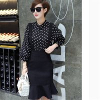 2016时尚波点雪纺衬衣 背带鱼尾包臀裙两件套