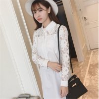 2016女宽松蕾丝衬衣中长款上衣韩范长袖白衬衣