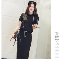 2016夏季休闲韩版修身套装裙女短袖连帽上衣 半身裙两件套