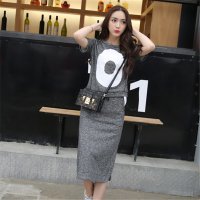 2016夏季时尚休闲套装女短袖两件套O字印花修身半身裙 t恤