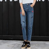 2016女装新款韩版英文徽章直筒牛仔裤