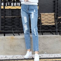 2016女装新款韩版破洞直筒牛仔裤