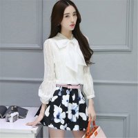 2016春夏装新款甜美淑女长袖雪纺衫 百搭印花连衣裙