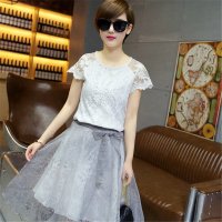 2016女装新款短袖连衣裙蕾丝欧根纱两件套裙子