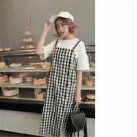 2016夏季新款纽扣装饰黑白格子大口袋连衣裙背带裙