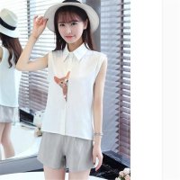 2016立领猫咪印花短袖雪纺衫女衬衫两件套套装