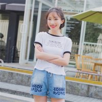 2016复古学院派文艺几何刺绣修身水洗牛仔短裤热裤女