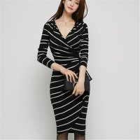 2016女装韩版气质修身V领条纹包臀连衣裙1