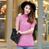 2016夏季新款一字领针织衫短袖修身显瘦短款条纹T恤女1