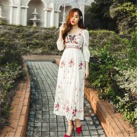 2016春夏女装新款V领花卉刺绣长袖连衣裙裙2