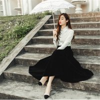 2016女装新款玫瑰刺绣衬衫复古怀旧黑丝绒三层半身裙2