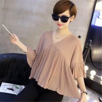 2016韩版时尚气质V领褶皱荷叶袖套头上衣宽松显瘦 裤子2