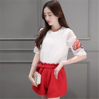 2016夏装新款网纱拼接贴画上衣 收腰阔腿短裤套装女2