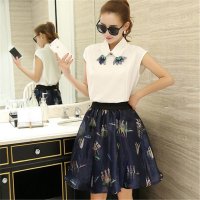 2016夏款两件套连衣裙中裙雪纺短袖套裙印花裙套装女