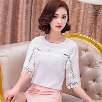 2016新款韩版圆领短袖女上衣大码蕾丝雪纺衫